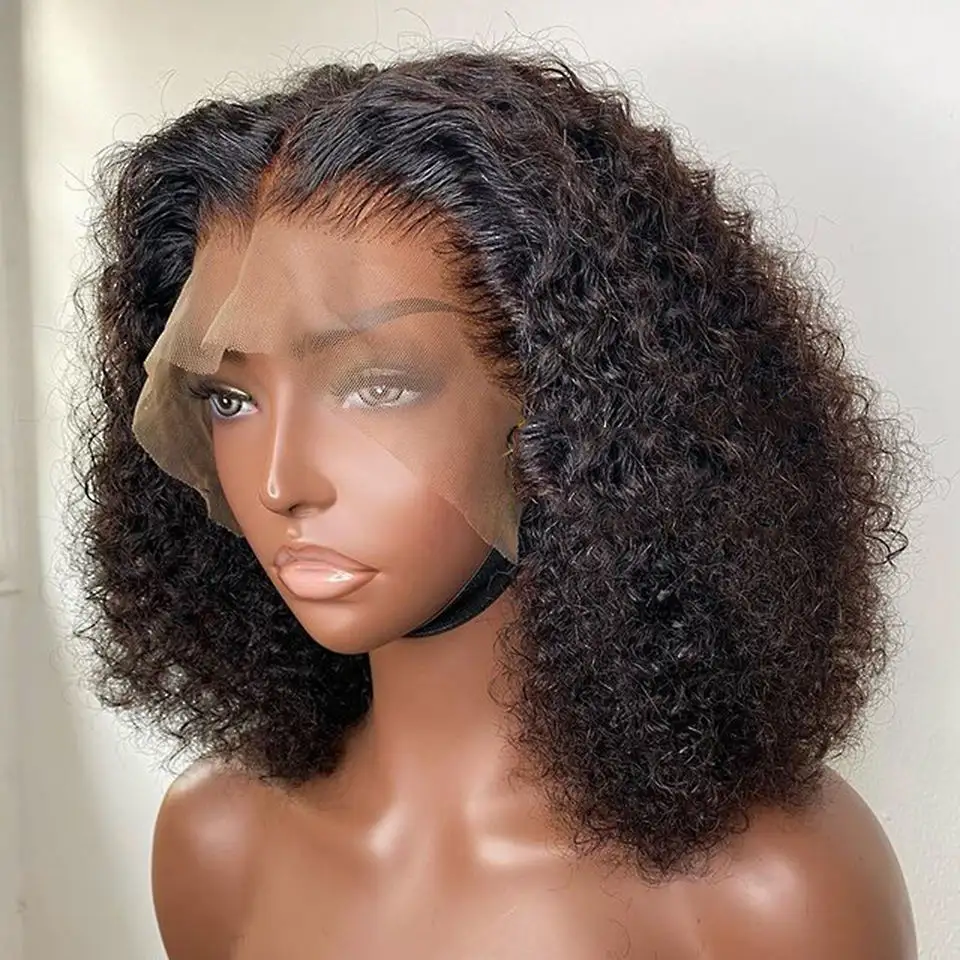 Pas cher Afro Crepus Boucles Court Bob Perruques de Cheveux Humains Avant de Lacet Brésilien Bob Perruque Hd Full Lace Perruque