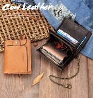 Dompet Kulit Asli untuk Pria Dompet Tempat Kartu Kredit Pemblokir RFID Dompet Pendek Lipat Dua Pria dengan Saku Koin Ritsleting dan Rantai Anti Maling