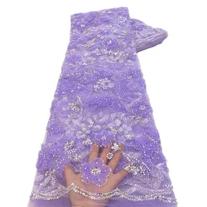 Ni. Ai tím ren 3D hoa sequin vải sang trọng thêu hoa ren vải cho váy cưới