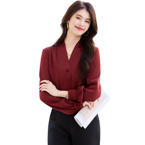Women's Long Sleeve V Neck Shirt Solid Color Satin Office Wear Red - Product Image 5