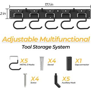 Organisateur d'outils de jardin en métal, organisateur d'outils de garage réglable, organisateurs de garage à fixation murale, supports de rangement avec crochets robustes - Product Image 6