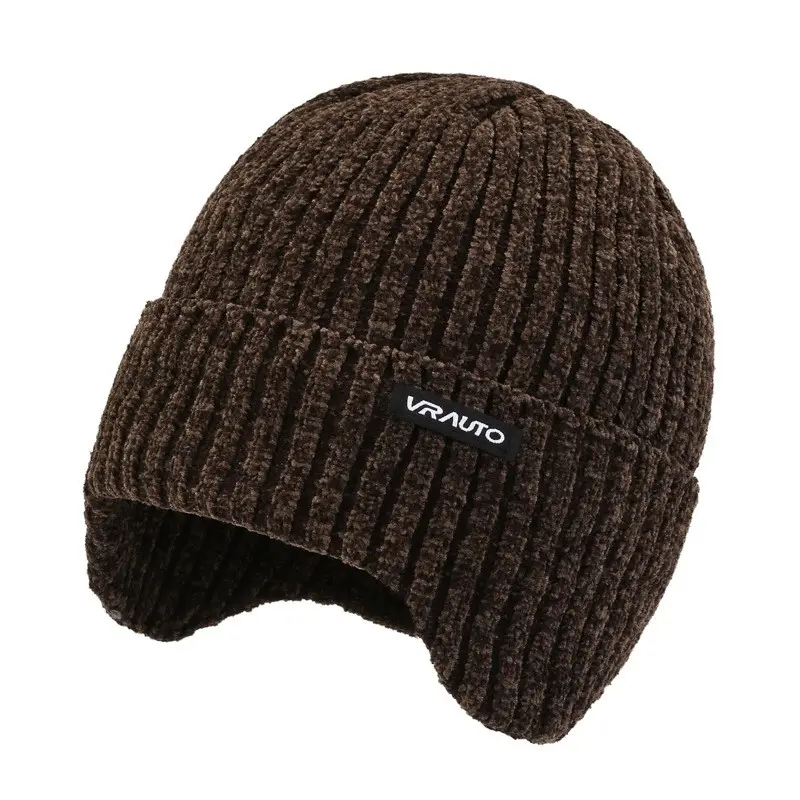 Chapeau à oreillettes en tricot chenille épais Chapeau crâne chaud Chapeaux d'hiver doublés en polaire Bonnet doublé en polaire pour homme