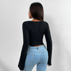 Haute qualité <span class=keywords><strong>col</strong></span> en <span class=keywords><strong>V</strong></span> dames décontracté à manches longues respirant <span class=keywords><strong>T</strong></span>-<span class=keywords><strong>shirt</strong></span> Stock en gros couleur unie femmes haut court caractéristique compressée - Product Image 3