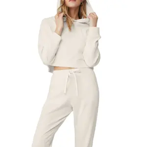 Wholesale White Loose Ribbed Knit Hoodie Custom Plus Size Crop Tops Blank Hoodie For Women