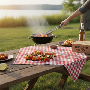 Lot de 6 brochettes de barbecue en acier inoxydable avec manche en bois Fourchettes en fer de 35 cm de long pour le camping Boîte de 100 - Product Image 3