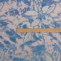 Tissu jacquard bleu métallisé à motifs floraux, teint en fil, 64% polyester, 19% nylon, 17% fibre métallique, pour robes et vêtements de mode