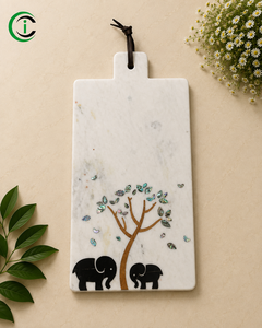 White Marble Cheese Board 30 Inches with Tree Elephant Inlay and <b>Leather</b> <b>Strip</b> Decorative Serving Tray for Kitchen Counter - Product Image 1