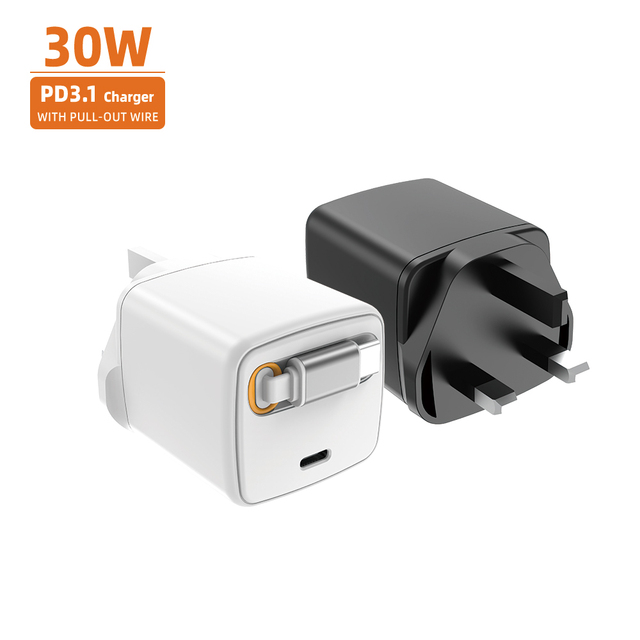 30W GaN Fast Charger for iPhone Huawei Android Tablet Laptop with Retractable Cable High Power Output Dual-Port Charging Head