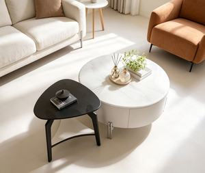 Table basse ronde moderne avec plateau en marbre, structure en métal, rangement, meubles de salon - Product Image 1
