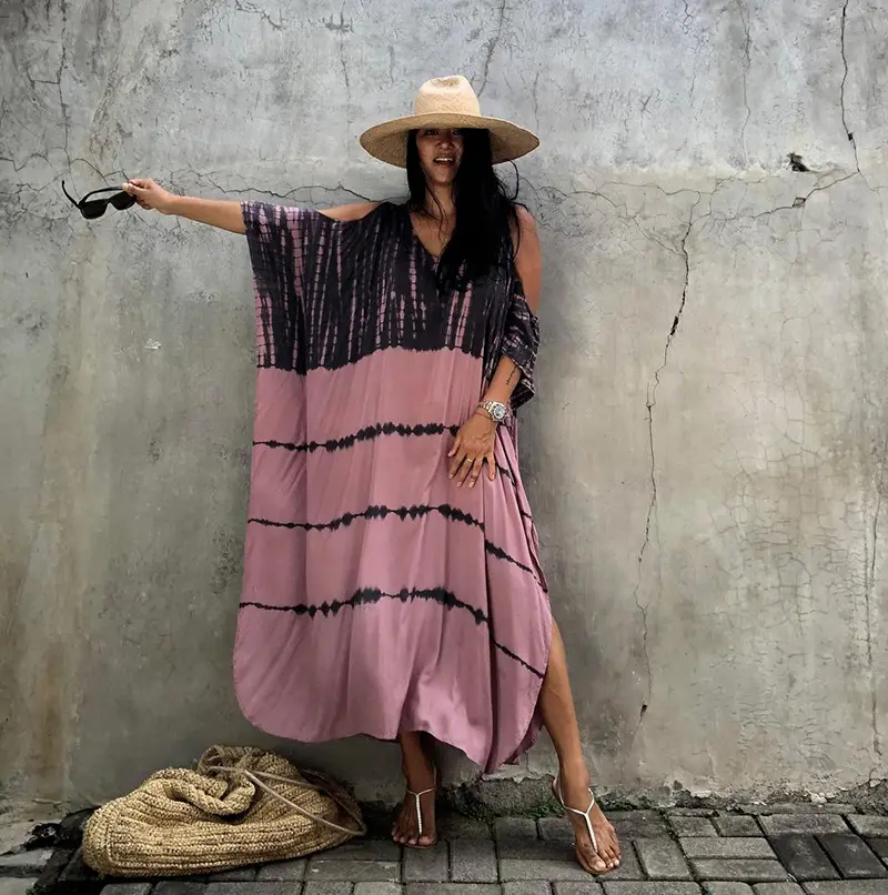 Wholesale 2023 Beach Rayon Off Shoulder Printed Holiday Gown Bikini Cover Up Dress Beach Clothes Women Dress