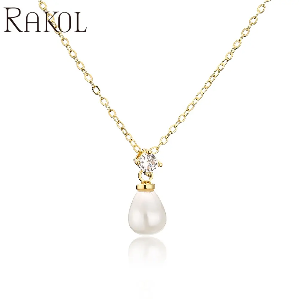 RAKOL NP5091 simple design pearl dangle pendant necklaces sterling silver 18k gold plated women daily necklace