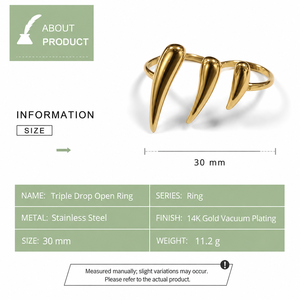 Triple Drop <b>Open</b> Stainless Steel <b>Ring</b> with 14K Gold Vacuum Plating Sculptural Adjustable Statement Band - Product Image 2