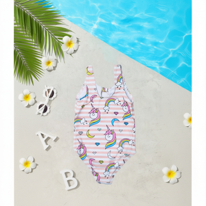 Costume da bagno Buonic Kids Unicorn One Piece con stampa arcobaleno a righe rosa 6/12 12/18 18/24 24/30 30/36 - Product Image 2