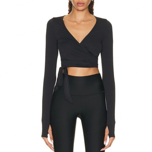 Women's Sports Yoga Tops <b>Black</b> Full <b>Wrapped</b> Bandage Tie Sports Long Sleeve V Neck Yoga Tops and Legging Yoga Sets for Women - Product Image 1