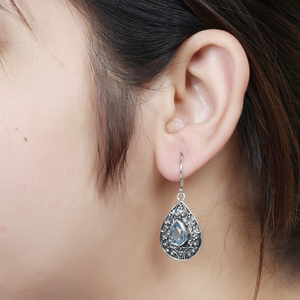 Silver Jewel's Antique Style 925 Solid Silver <b>Blue</b> <b>Topaz</b> Oxidized Art <b>Earrings</b> Wholesale Sports Wedding Party Jewelry-for Gift - Product Image 2