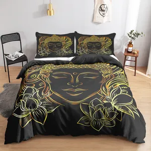 Altın buda başkanı buda görüntü baskılı yatak Bohemia dini polyester kral yorgan yatak örtüsü seti