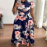 Nouvelle mode Robes d'été à manches courtes pour femmes Robe longue décontractée à col montant et imprimé floral pour femmes