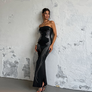 Abito lungo elegante <span class=keywords><strong>da</strong></span> <span class=keywords><strong>donna</strong></span> nero senza spalline, con strass, aderente, con spacco alto, per serate formali e feste di gala - Product Image 3