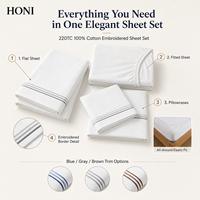 Parure de draps plats brodés en coton pur HONI avec logo personnalisé, taille double, 4 pièces, pour lits de tous âges
