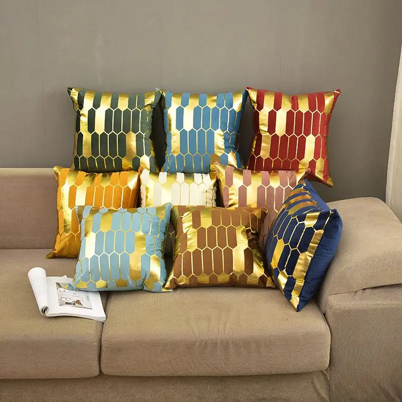Velvet Modern Homes Couch Sofa Bedroom Decorative Gold Foil Geometric Pattern Soft Square Throw Pillow Covers 18*18 Inches
