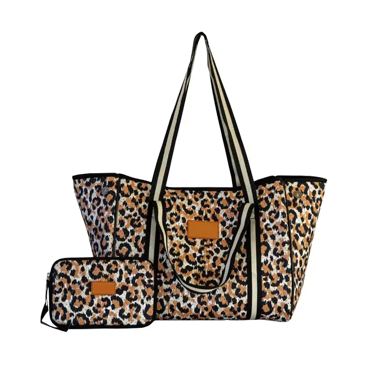 2022 New Design Custom Logo Leopard Print Neoprene Diaper Beach Bag Set Fashion Wholesale Tote Bag With Clutch Pouch Bag