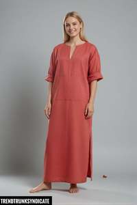 Caftán Maxi Rojo de Lino y Algodón para Mujer, Corte Regular, Cuello en V, Ecológico, Transpirable, Estilo Línea A, para Fiestas - Product Image 5