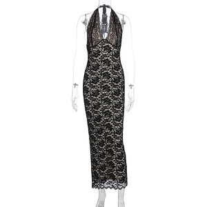 Robe longue moulante élégante pour femme, col licou sexy, patchwork de dentelle, fente haute, pour cocktail et soirée - Product Image 1