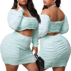 Two Piece Short Crop Top Summer Dress Set Plus Size 2Xl Long Sleeve Ladies Women Bodycon Ruched Dress