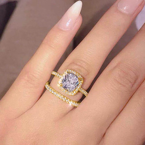 Ensemble de deux bagues de couple à quatre griffes en zircon, élégantes et assorties, bijoux de mode pour mariage - Product Image 2