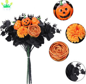 Mazzo di <span class=keywords><strong>zucca</strong></span> con faccia di fantasma artificiale per natale e Halloween rose nere piante verdi simulate foglie di acero nero decorazione - Product Image 3