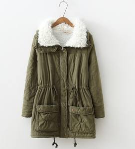 겨울 의류 한국 스타일 미디 기장 슬림핏 여성용 드로스트링 허리 스트랩 양털 안감 따뜻한 면 패딩 코트 - Product Image 2