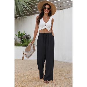 Pantalon large pour femme, taille haute, cordon de serrage, taille élastique, pantalon palazzo fluide avec poches, respirant, pour l'été, la plage, les vacances - Product Image 3
