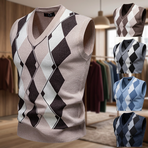 Men's Winter <b>Argyle</b> V-Neck 100% Cotton Fleece Lining Computer Knitted Breathable Jacquard Pullover <b>Sweaters</b> - Product Image 3