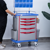 Chariot d'anesthésie hospitalier ABS avec 5 tiroirs, chariot à médicaments d'urgence avec boîtes de séparation pour médicaments, poubelle, roues silencieuses avec frein