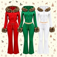 Nouvel ensemble de survêtement pour femme, hiver, Noël, imprimé léopard, fausse fourrure, à capuche, 2 pièces, sweat à capuche court zippé + pantalon évasé coordonné