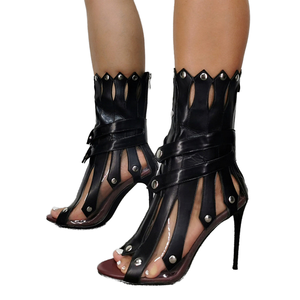 New Fashion Designed Women High-Heeled Ankle Boots Square Peep Toe Rivet Hollow Sexy <b>Booty</b> Autumn Sandal Breathable Rubber Zip - Product Image 1