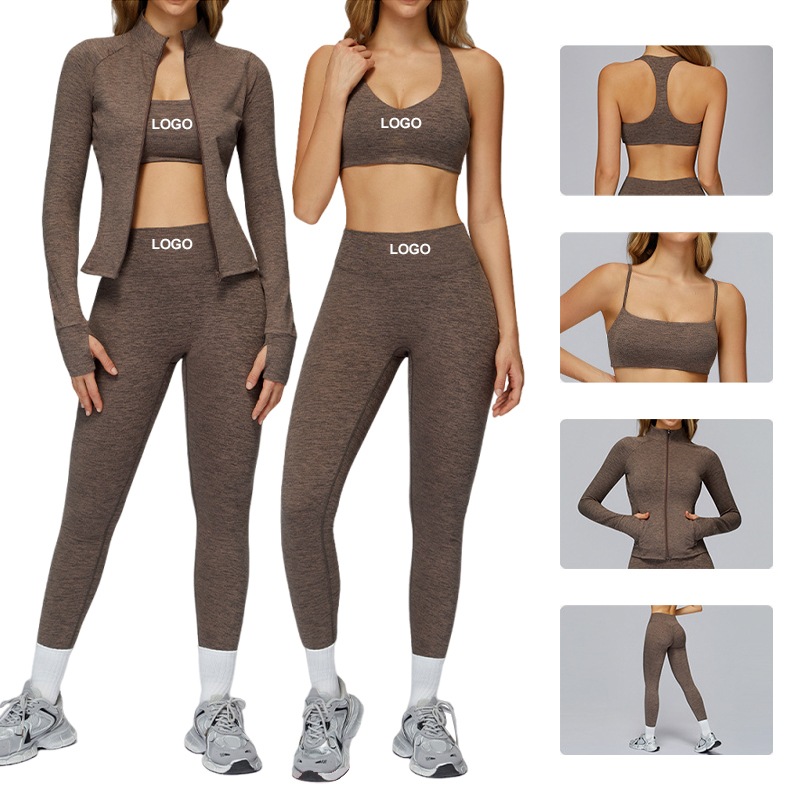 Wholesale Fitness Clothes For Gym Wear Women Sets 3 Pieces Yoga Jackets Workout Leggings Sports Bras Top Sportswear Set