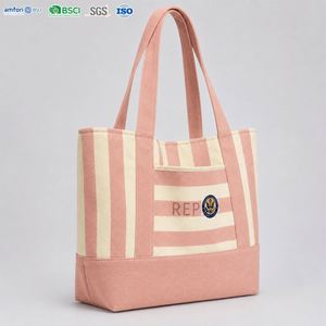 กระเป๋าผ้าแคนวาสลายทางสีชมพูขนาด 10 ออนซ์ เป็นมิตรกับสิ่งแวดล้อม พร้อมช่องด้านหน้า ใช้ซ้ำได้สำหรับใส่ของช้อปปิ้งหรือสะพายไหล่ - Product Image 2