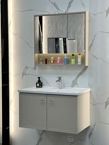 Meuble-lavabo mural minimaliste kaki, mobilier de salle de bain en acier inoxydable avec miroir semi-ouvert et lavabo en céramique sans joint - Product Image 3