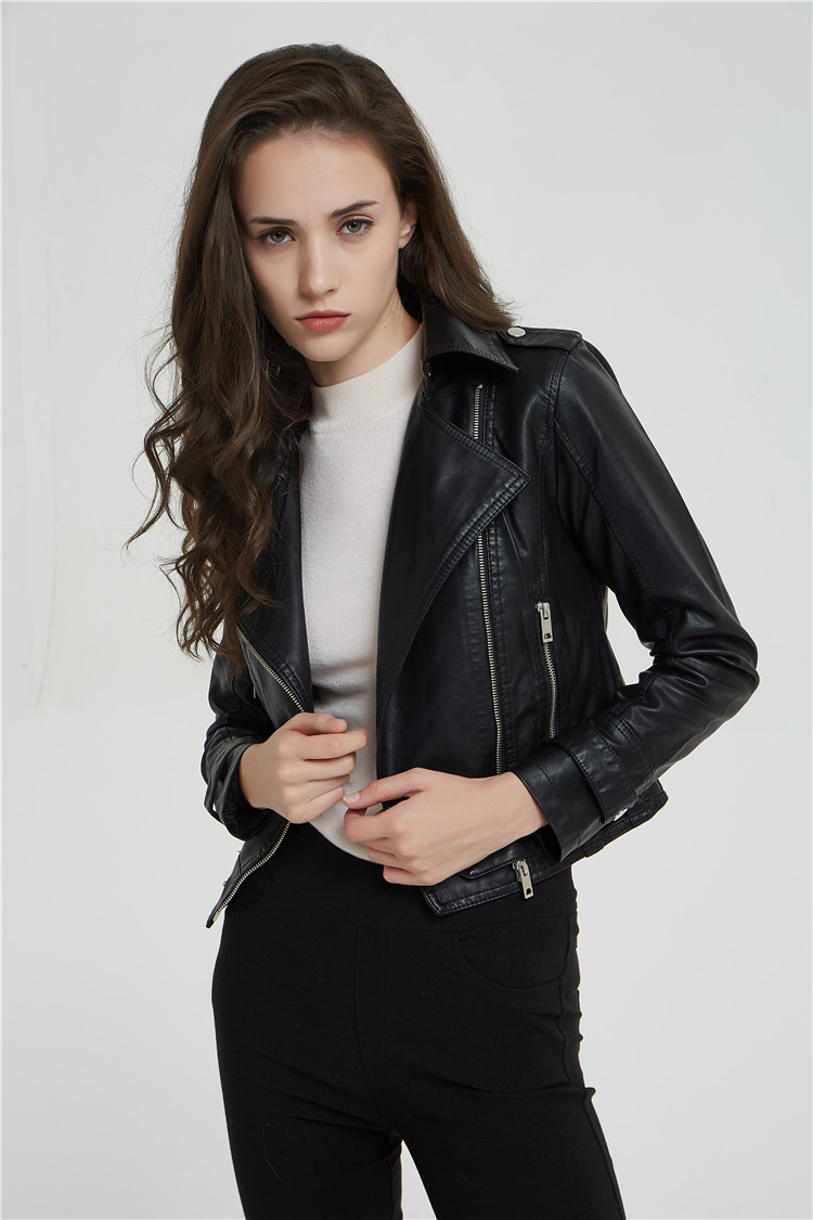Custom Wholesale Fashion Cool Zip Front Black Women PU Leather Jackets for Ladies