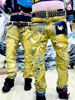 Jean en denim délavé léger à deux tons et patchwork pour homme, coupe droite, taille haute, en molleton, style streetwear décontracté pour un look urbain