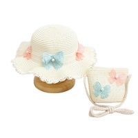 Nouveauté 2026 : Ensemble Chapeau de paille souple et mignon pour enfants, idéal pour l'été, la plage et les fêtes, avec sac à main rayé en dentelle, pour les voyages en extérieur