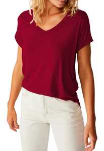 T-shirt décontracté d'été pour femme, col en V, manches courtes, coupe classique, jersey uni, bordeaux, STELLAR, Spandex/Coton, écologique - Product Image 3