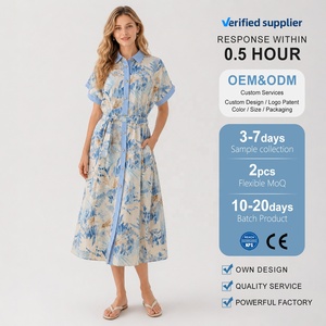 <span class=keywords><strong>Abito</strong></span> chemisier lungo professionale in <span class=keywords><strong>lino</strong></span> blu con stampa floreale da donna, a maniche corte, abbottonato, con tasche e cintura, ecologico - Product Image 1