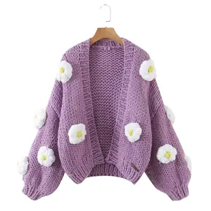 custom handmade 100% acrylic warm cardigan winter sweater with small Daisy floral embellishments for girls and ladies