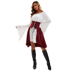 Disfraz de pirata para mujer, top de manga larga con hombros descubiertos, falda color borgoña y cintura con cordones para fiesta de Halloween o Renacimiento - Product Image 4