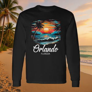 Camiseta de Manga Larga con Diseño Retro de Atardecer en Orlando, Florida, Unisex, Cuello Redondo, para Adultos, Ropa Promocional - Product Image 3