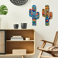 Panneau en bois antique en forme de cactus, plaque à motif de carreaux mexicains pour décoration intérieure, plaque décorative murale en bois avec boîte à souvenirs