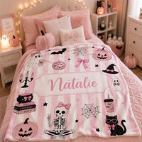 Couverture rose personnalisée pour Halloween, motif fantôme Kawaii, en polaire douce et flanelle, cadeau confortable pour filles, enfants et femmes