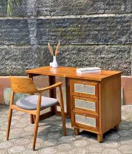 Japandi <b>Solid</b> Teak Eco-Friendly Durable Office <b>Desk</b> Cane Panel Storage Upholstered Chair <b>Wooden</b> Workspace Furniture Collection - Product Image 6